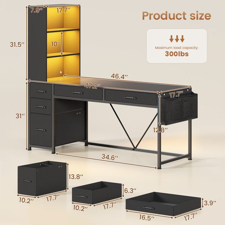 SEDETA | 47.2 Inch LED Gaming Desk Reversible Home Office Desk with 5 Drawers and Bookshelf