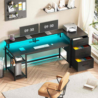 SEDETA® 59 Inch Reversible Computer Desk Home Office LED Gaming Table with File Drawers & Storage