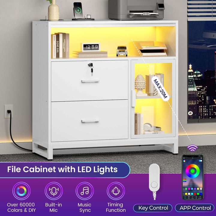 SEDETA | 31.5 Inch 2 Drawer File Cabinet with LED Lights Charging Station Lockable Storage for Home Office