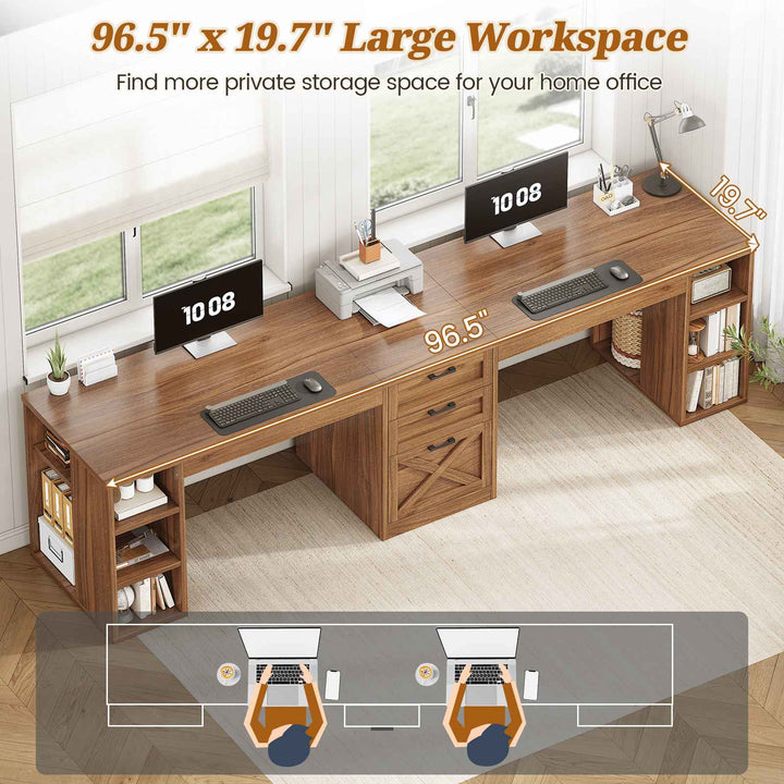 SEDETA® 96.5 Inch Farmhouse Two Person Computer Desk with Drawers and Storage Shelves for Home Office