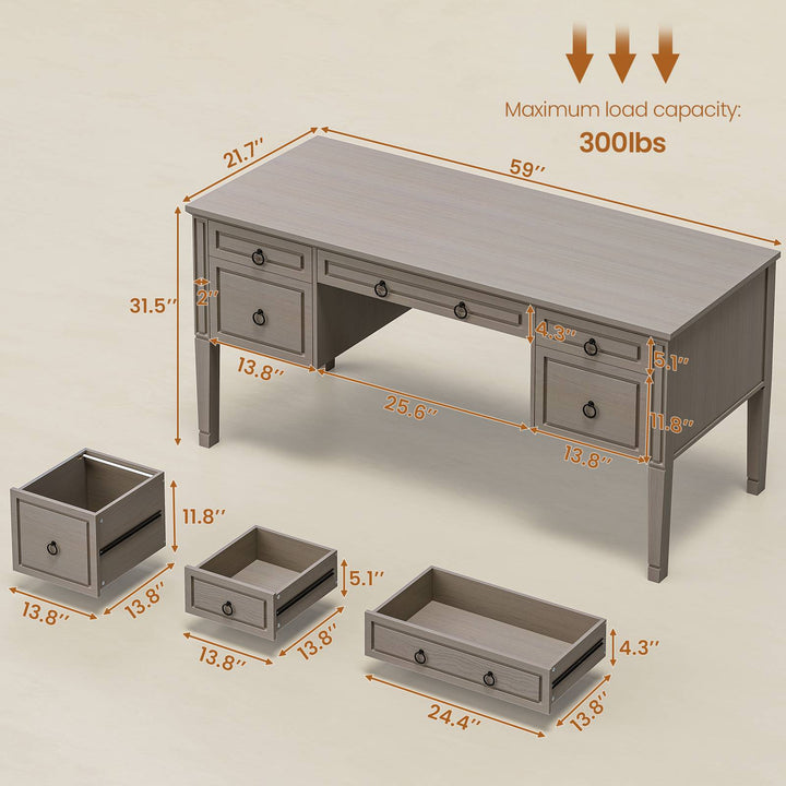 SEDETA® 59 Inch Farmhouse Executive Office Desk Wooden Computer Desk with 5 Storage Drawers for Home Office