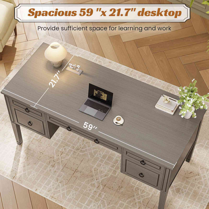 SEDETA | 59 Inch Executive Office Desk Farmhouse Wooden Computer Table Spacious Desktop with 5 Storage Drawers