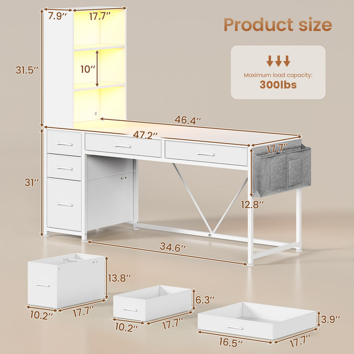 SEDETA 47.2 Inch Reversible Gaming Desk with LED Lights Drawer Storage Bookshelf for Small Spaces