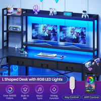 SEDETA 55 Inch Reversible L Shaped Gaming Desk Corner Computer Desk with LED Lights Power Outlets Hutch Drawers and Storage Shelves