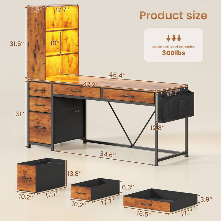 SEDETA | 47.2 Inch LED Gaming Desk Reversible Home Office Desk with 5 Drawers and Bookshelf