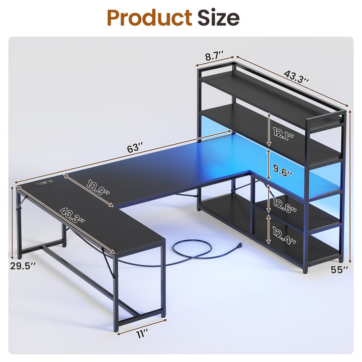 SEDETA 63 Inch Reversible Office Computer Desk L Shaped Gaming Desk with LED Lights Power Outlet 5-tier Storage Shelves