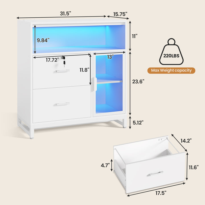 SEDETA® 31.5 Inch 2 Drawer LED File Cabinet Filing Display Cabinets with Lock and Charging Station Fits Legal Letter A4 Files