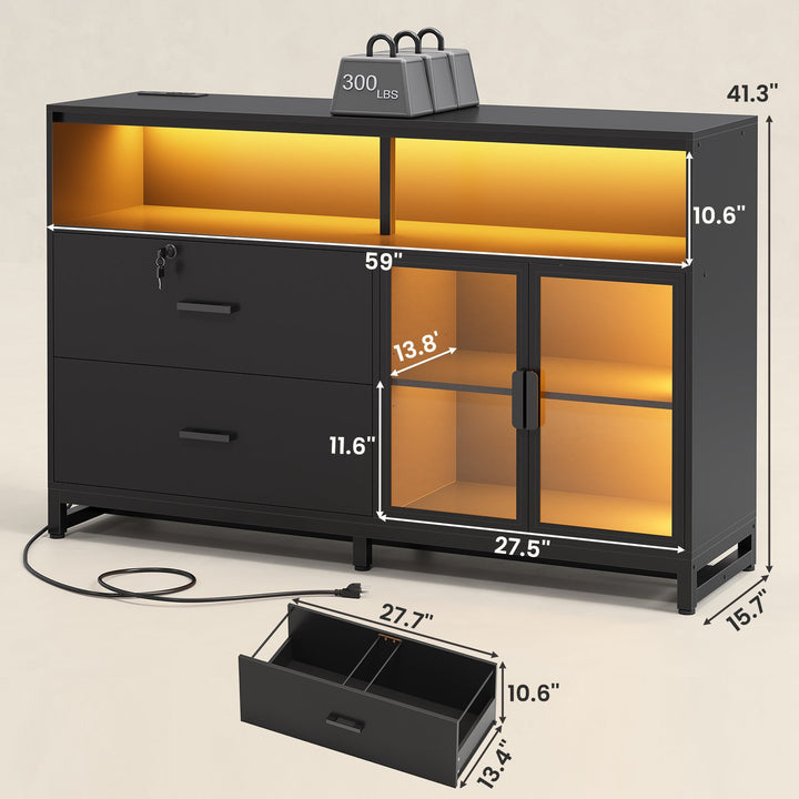 SEDETA 59 Inch File Cabinet Display Cabinet with LED Lights Power Strip for Home Office Fit Legal/Letter/A4 File