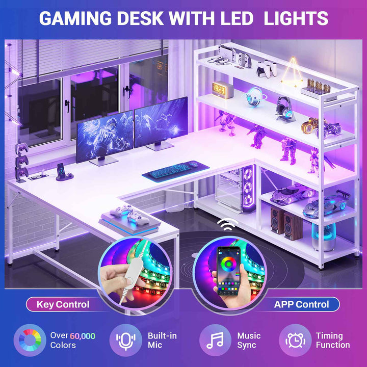 SEDETA 63 Inch Reversible Office Computer Desk L Shaped Gaming Desk with LED Lights Power Outlet 5-tier Storage Shelves