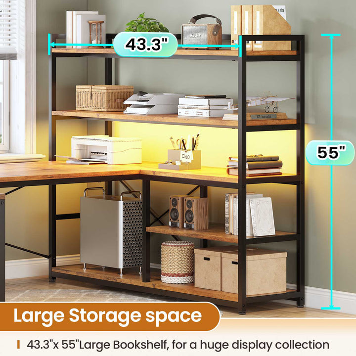 SEDETA 63 Inch Reversible Office Computer Desk L Shaped Gaming Desk with LED Lights Power Outlet 5-tier Storage Shelves