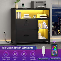 SEDETA 31.5 Inch File Cabinet with LED Lights Charging Station 2 Drawer Filing Display Cabinets with Lock