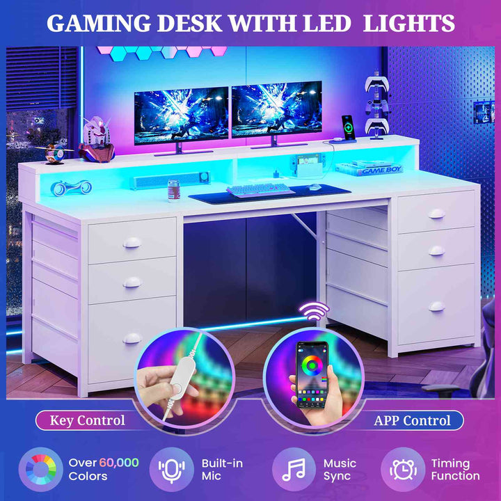 SEDETA 63 Inch Gaming Desk Computer Table with 6 Drawers and LED Lights