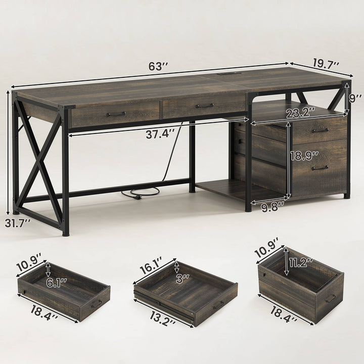 SEDETA | 63 Inch Computer Desk Home Office Desk with File Drawers and Storage Shelves