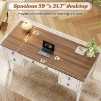 SEDETA 59 Inch Farmhouse Wooden Computer Desk Executive Office Desk with 5 Drawers for Home Office