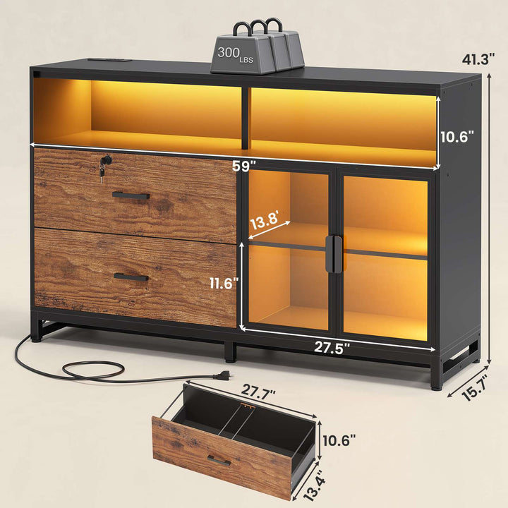 SEDETA® 59 Inch 2 Drawers LED Filing Cabinets Display Cabinet for Home Office with Lock and Power Outlets