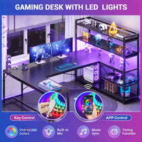 SEDETA® 63 Inch L Shaped Gaming Desk Reversible Office Computer Desk with LED Lights Power Outlet and Storage Shelves