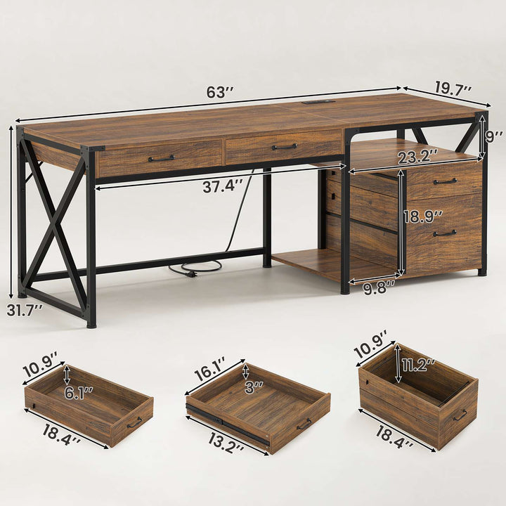 SEDETA 63 Inch Office Desk Computer Desk with File Drawers and Power Outlet