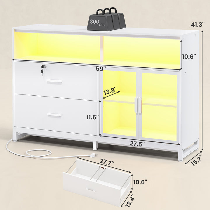 SEDETA® 59 Inch 2 Drawers LED Filing Cabinets Display Cabinet for Home Office with Lock and Power Outlets