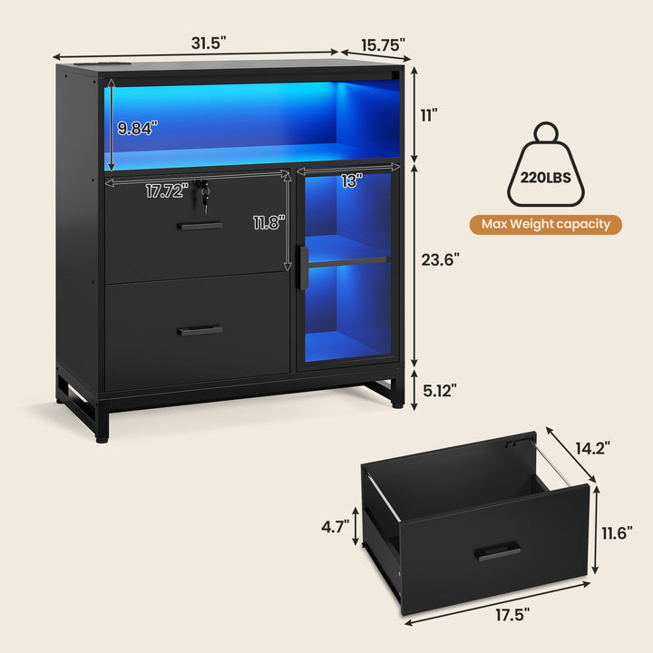 SEDETA | 31.5 Inch 2 Drawer File Cabinet with LED Lights Charging Station Lockable Storage for Home Office