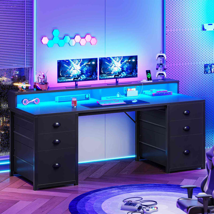 SEDETA 63 Inch Gaming Desk Computer Table with 6 Drawers and LED Lights