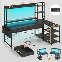 SEDETA 55 Inch Reversible L Shaped Gaming Desk Corner Computer Desk with LED Lights Power Outlets Hutch Drawers and Storage Shelves