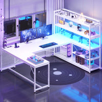 SEDETA 63 Inch Reversible Office Computer Desk L Shaped Gaming Desk with LED Lights Power Outlet 5-tier Storage Shelves