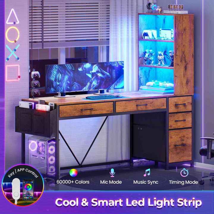 SEDETA 47.2 Inch Reversible Gaming Desk with LED Lights Drawer Storage Bookshelf for Small Spaces