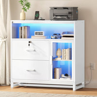 SEDETA 31.5 Inch File Cabinet with LED Lights Charging Station 2 Drawer Filing Display Cabinets with Lock