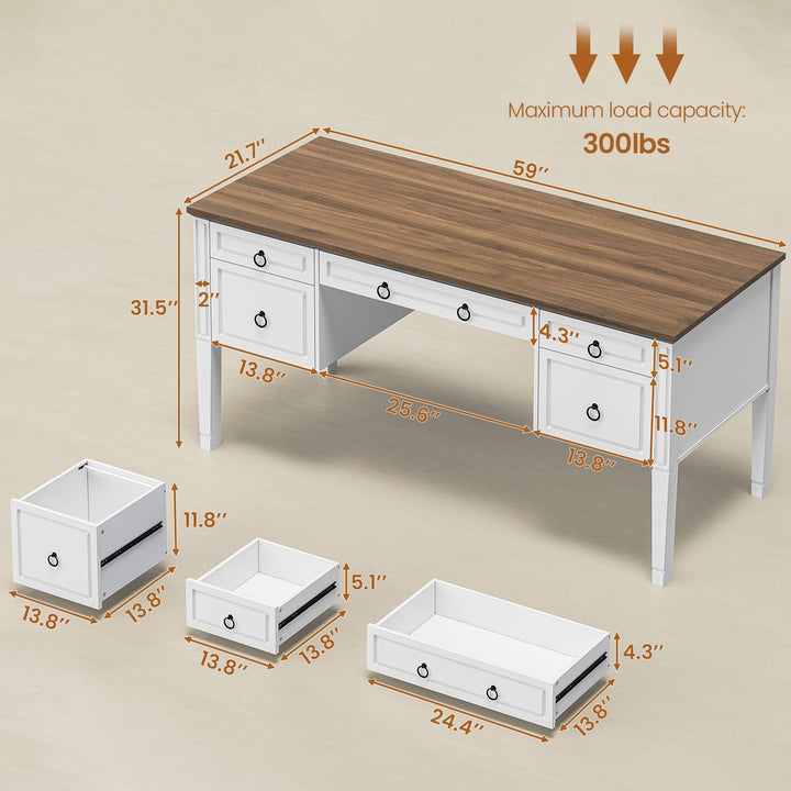 SEDETA 59 Inch Farmhouse Wooden Computer Desk Executive Office Desk with 5 Drawers for Home Office