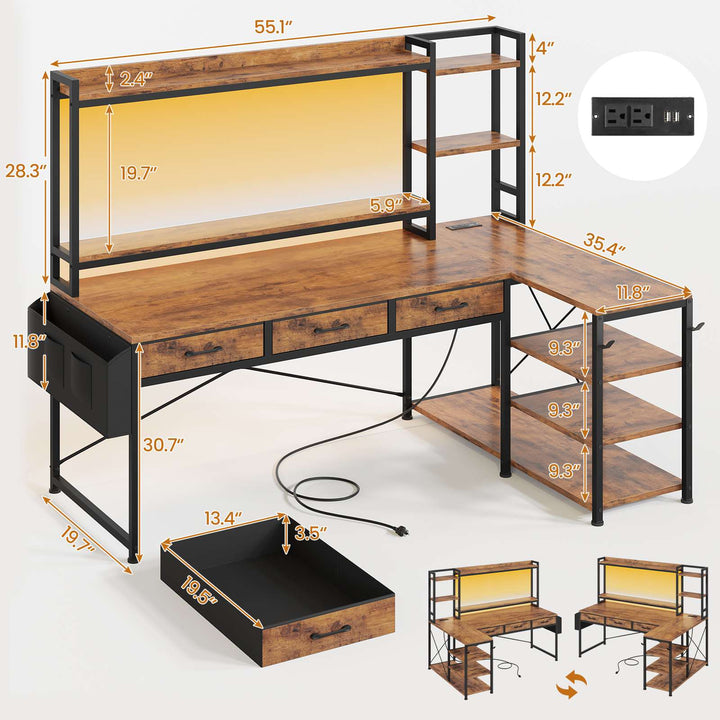 SEDETA 55 Inch Reversible L Shaped Gaming Desk Corner Computer Desk with LED Lights Power Outlets Hutch Drawers and Storage Shelves