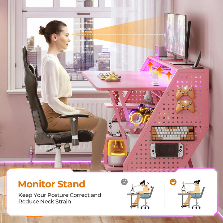 SEDETA 55 Inch LED Gaming Desk Computer Desk with Pegboard Storage Shelves Power Outlets