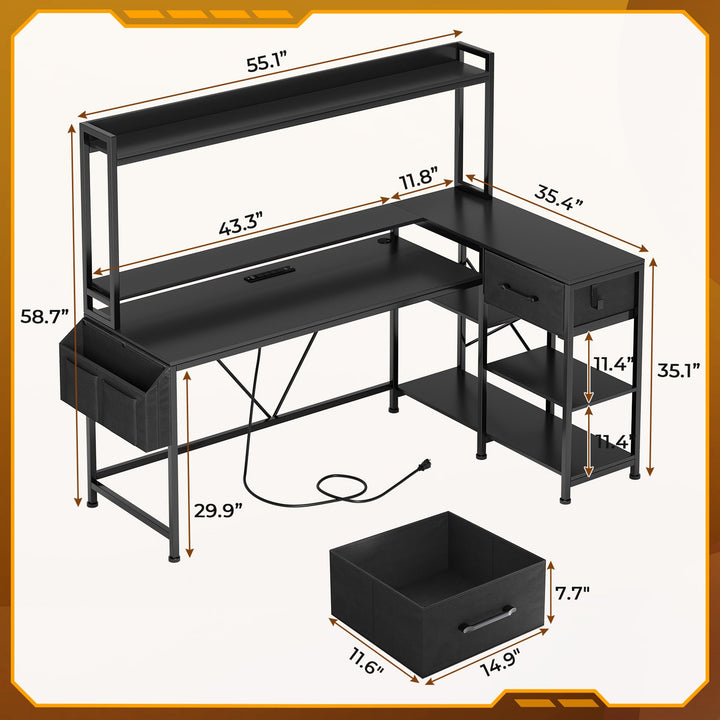 SEDETA 55 Inch L Shaped LED Gaming Desk with Hutch for Home Office