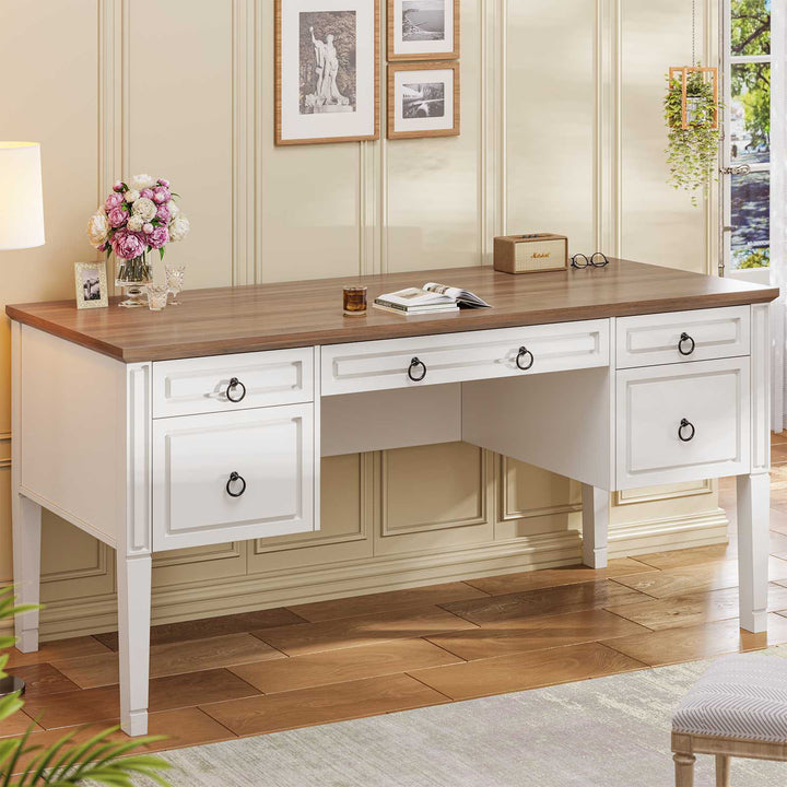 SEDETA | 59 Inch Executive Office Desk Farmhouse Wooden Computer Table Spacious Desktop with 5 Storage Drawers