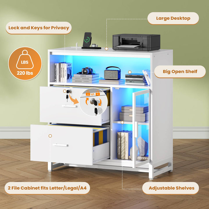 SEDETA 31.5 Inch File Cabinet with LED Lights Charging Station 2 Drawer Filing Display Cabinets with Lock