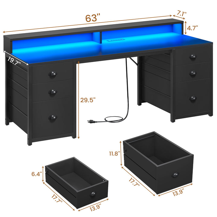 SEDETA 63 Inch Gaming Desk Computer Table with 6 Drawers and LED Lights