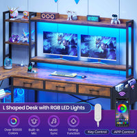 SEDETA 55 Inch Reversible L Shaped Gaming Desk Corner Computer Desk with LED Lights Power Outlets Hutch Drawers and Storage Shelves