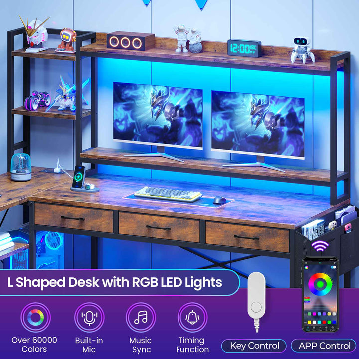 SEDETA 55 Inch Reversible L Shaped Gaming Desk Corner Computer Desk with LED Lights Power Outlets Hutch Drawers and Storage Shelves