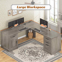 SEDETA® 69 Inch Farmhouse Executive L Shaped Desk Corner Computer Desk with Drawers and Storage Cabinet Power Outlet