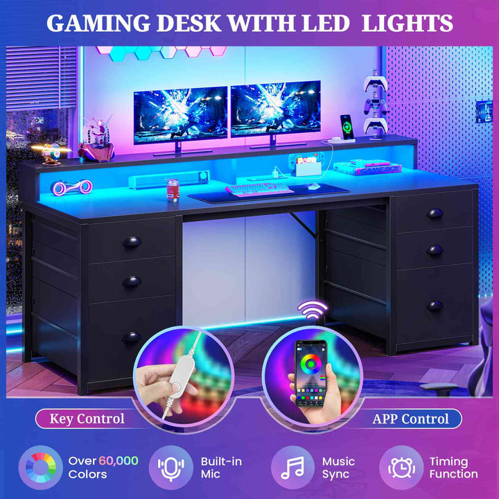 SEDETA 63 Inch Gaming Desk Computer Table with 6 Drawers and LED Lights