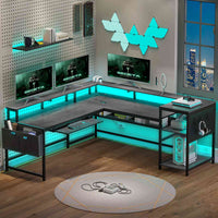 SEDETA | 96 Inch Reversible L Shaped LED Gaming Desk with Pegboard and Storage Shelves