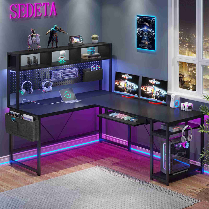 SEDETA | 67 Inch L Shaped Gaming Desk for Home Office with LED Lights