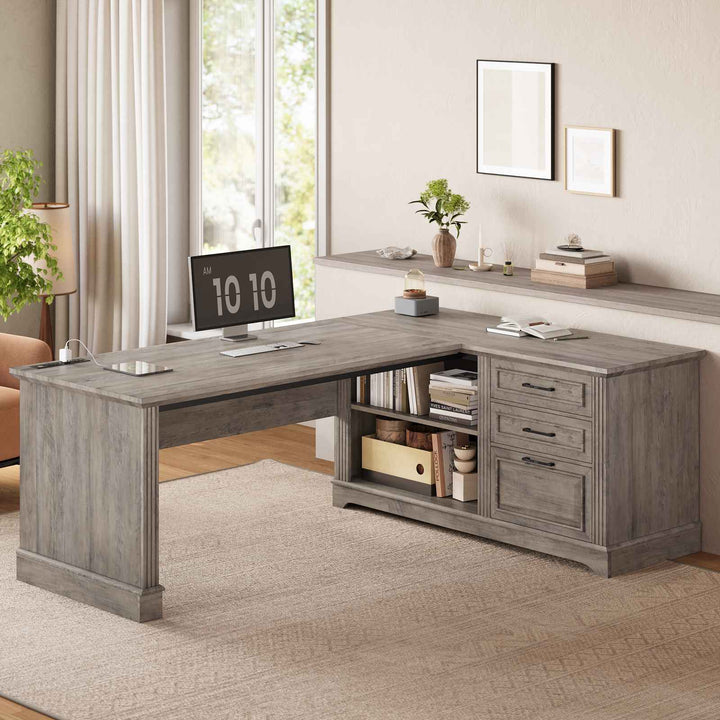 SEDETA 61 Inch Farmhouse  Executive L Shaped Desk with File Drawers Power Outlets Storage Shelves for Home Office