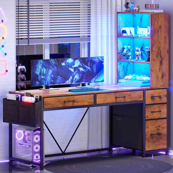 SEDETA 47.2 Inch Reversible Gaming Desk with LED Lights Drawer Storage Bookshelf for Small Spaces