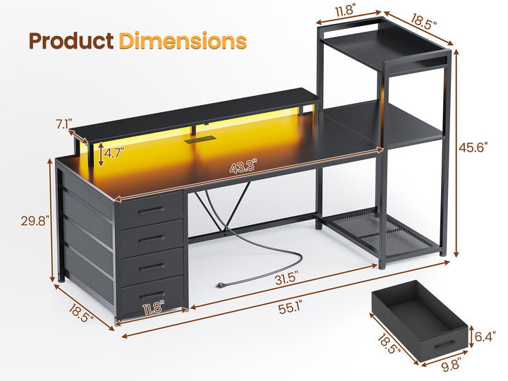 SEDETA 55 Inch LED Gaming Desk Home Office Computer Desk with Large Storage Space