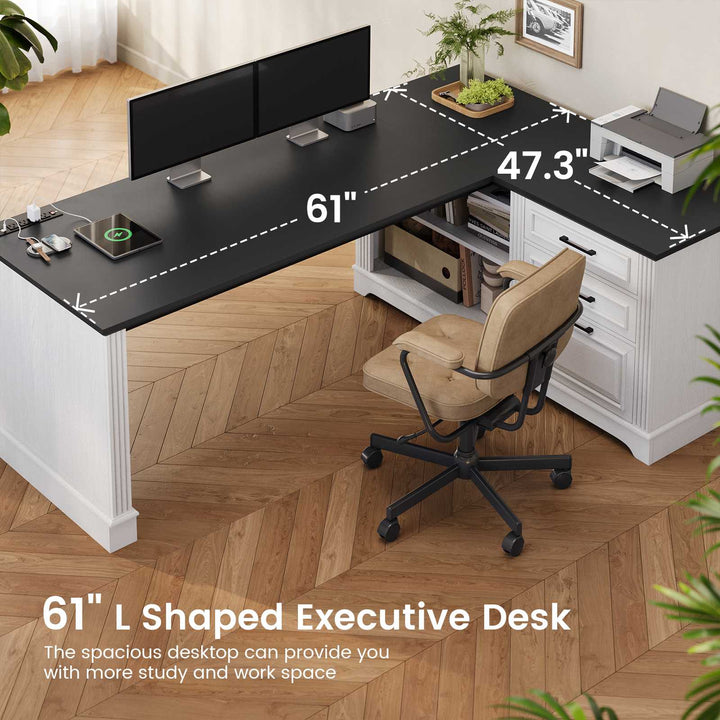 SEDETA 61 Inch Farmhouse  Executive L Shaped Desk with File Drawers Power Outlets Storage Shelves for Home Office