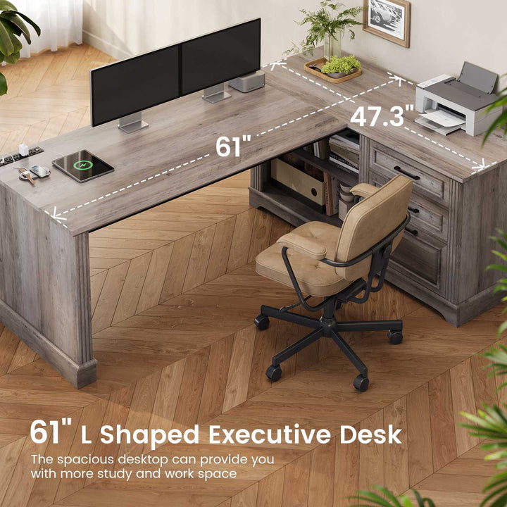 SEDETA® 61 Inch L Shaped Farmhouse Executive Computer Desk with Power Outlets File Drawers and Storage Shelves