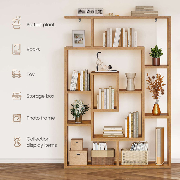 SEDETA 59 Inch Multi-layer Wood Bookshelf Geometric Bookcase with Open Display Storage Shelves for Home Office