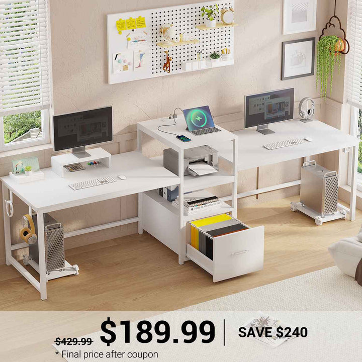 SEDETA | 98 Inch 2 Person Computer Desk with Storage and Power Strip for Home Office