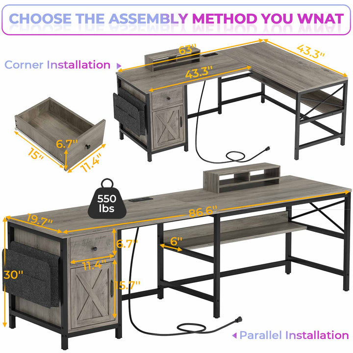 SEDETA 63 Inch L Shaped Convertible Computer Desk with Drawer