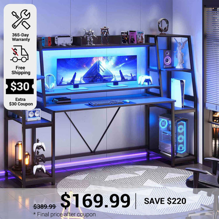 SEDETA 78.8 Inch Gaming Desk  with LED Lights Hutch Storage Shelves